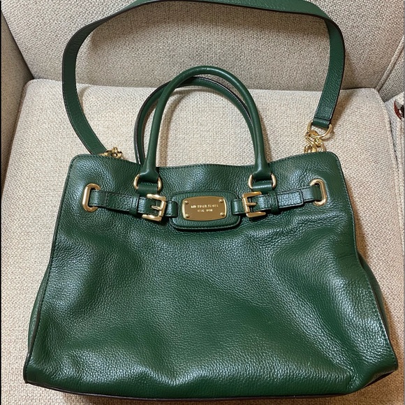 Michael Kors Hamilton Large Pebbled Leather Satchel Handbag / Tote Hunter Green - Picture 3 of 17